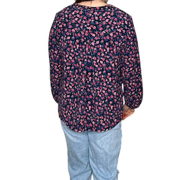 J CREW Blue Pink Floral Pattern Open Neck Popover Blouse Women's Size Medium - Picture 4 of 7